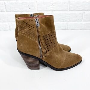 Lucky Ramses Tan perforated suede bootie side zip black heel